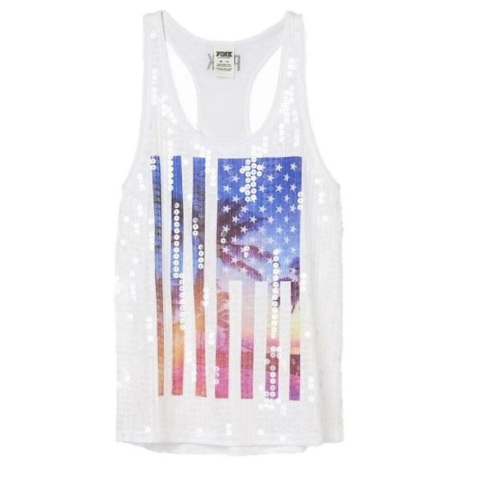 PINK Victoria’s Secret Sequined American Flag w/Palm Trees Tank Top XS
